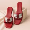 Women's Red Fancy Slip-On Slippers with Crystal Wing Beads – Party Wear Design