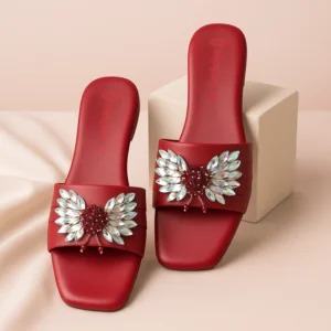 Women's Red Fancy Slip-On Slippers with Crystal Wing Beads – Party Wear Design