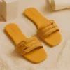 Women's Mustard Yellow Triple Strap Slippers with Golden Wave Detail – Casual Slip-On