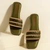 Women's Olive Green Braided Flat Slippers with Golden Detailing – Elegant Slip-On