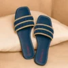 Women's Blue Flat Slip-On Slippers with Braided Double Strap & Gold Trim