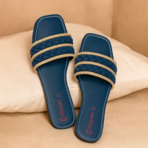 Women's Blue Flat Slip-On Slippers with Braided Double Strap & Gold Trim