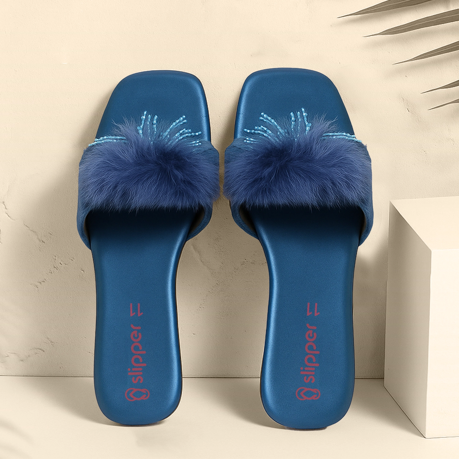 Women's Fancy Blue Fur Slippers with Beaded Embellishment – Soft Slip-On Style